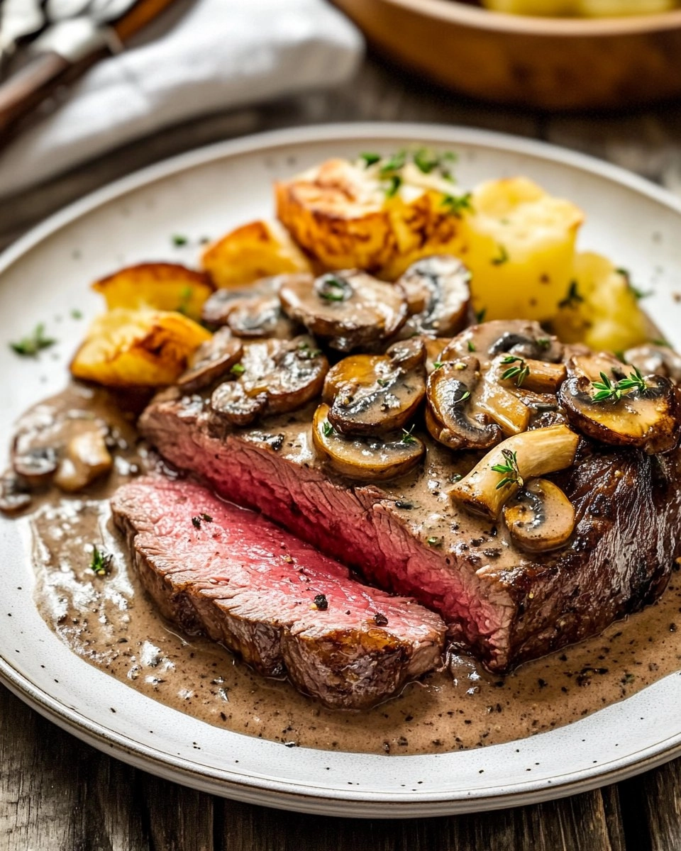 Pink Roasted Steak with Mushroom Sauce 