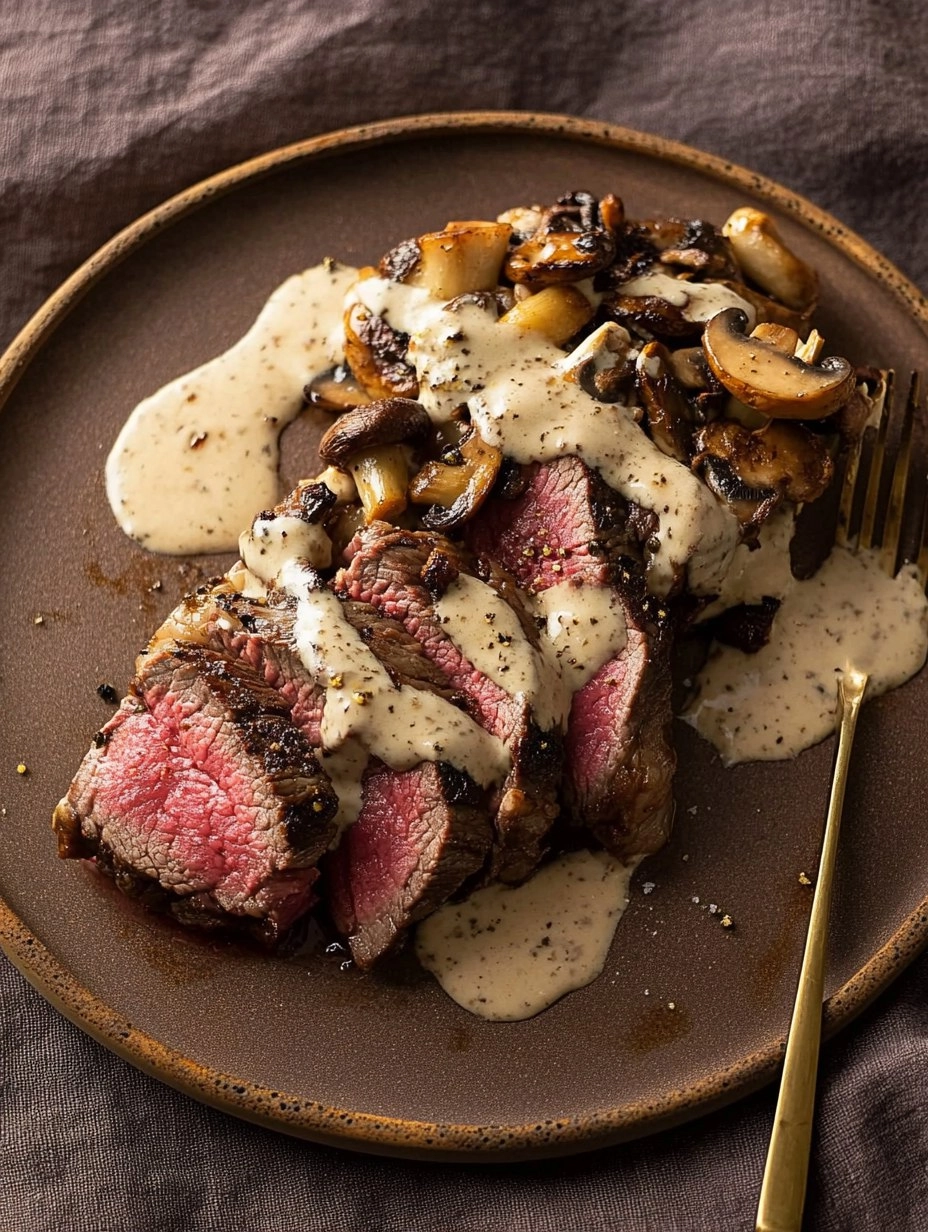 Pink Roasted Steak with Mushroom Sauce 