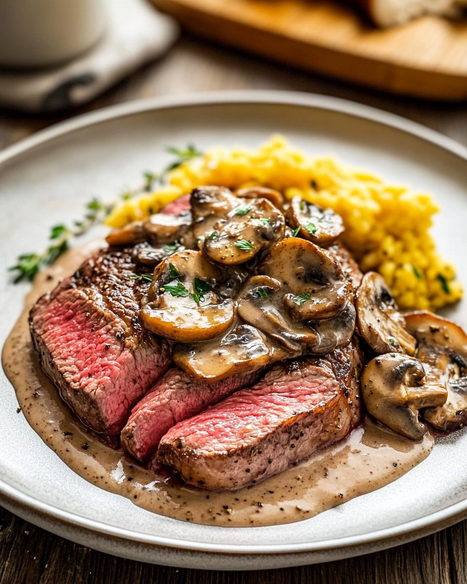 Pink Roasted Steak with Mushroom Sauce 