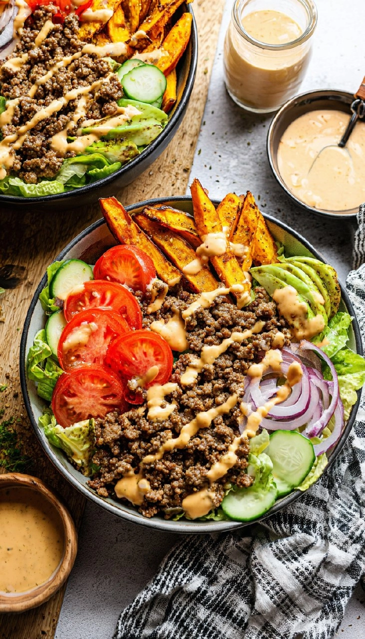 Burger Bowls with Chipotle Ranch Sweet Potato Fries 115 Burger Bowls with Chipotle Ranch Sweet Potato Fries
