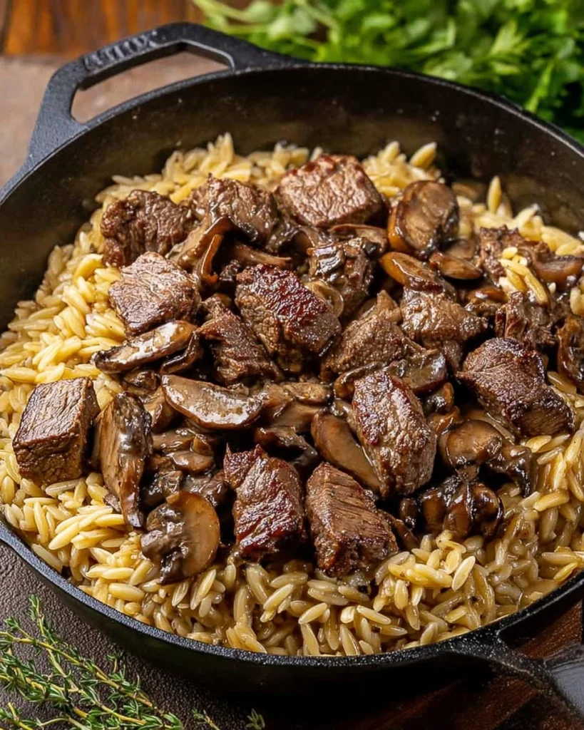Steak-Bites-with-Creamy-Mushroom-Orzo-Recipe