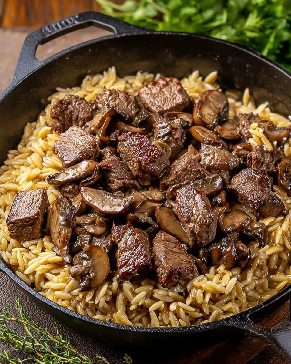 Steak-Bites-with-Creamy-Mushroom-Orzo-Recipe
