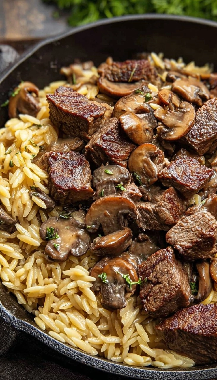 Steak Bites with Creamy Mushroom Orzo
