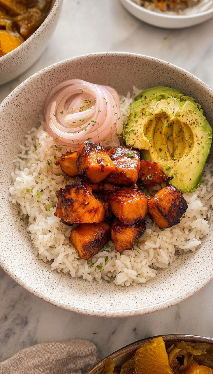 Sticky Orange Salmon Bowls.