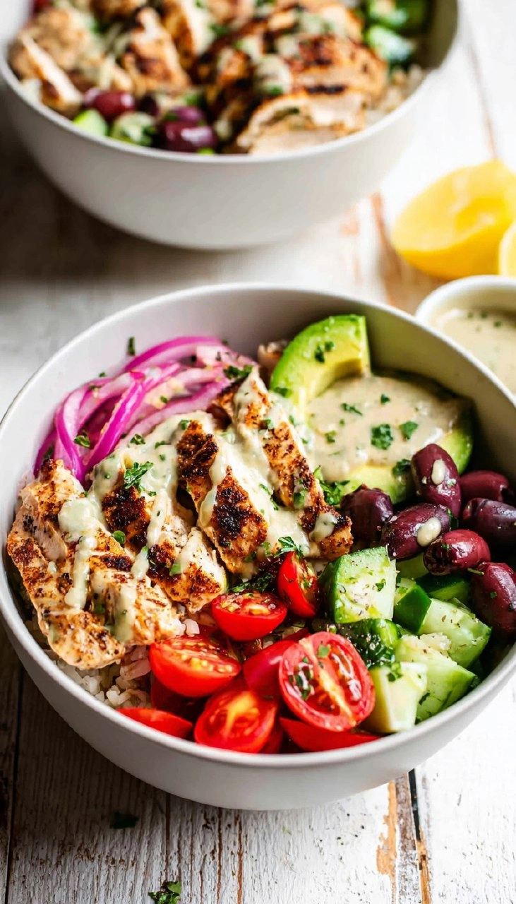 Greek Chicken Bowls with Lemon Garlic Tahini Sauce (Healthy Mediterranean Bowls)